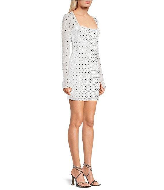 B. Darlin Power Mesh Allover Rhinestone Long Sleeves Square Neck Dress Product Image