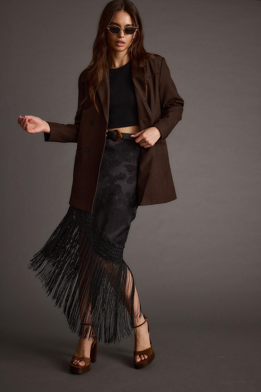 Frankie Black Satin Jacquard Fringe Midi Skirt Product Image