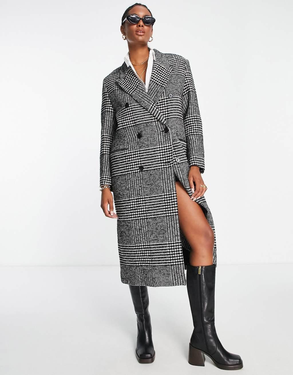 & Other Stories oversized long coat in black and white houndstooth plaid Product Image