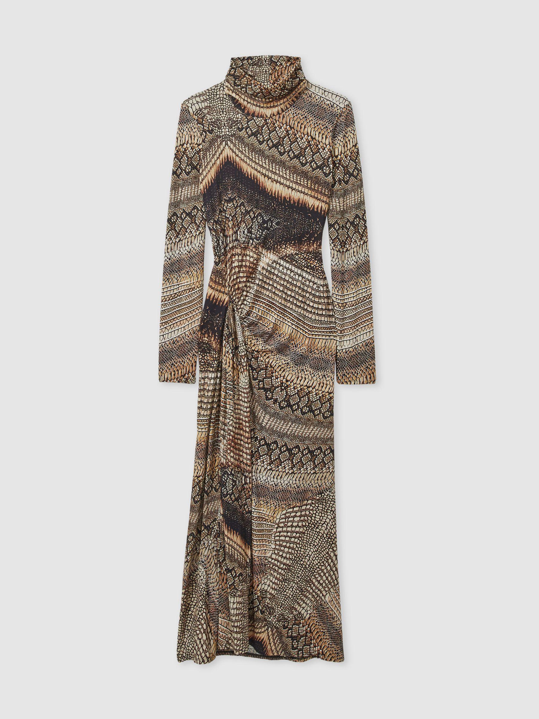 Snake-Print Draped Midi Dress in Brown Product Image
