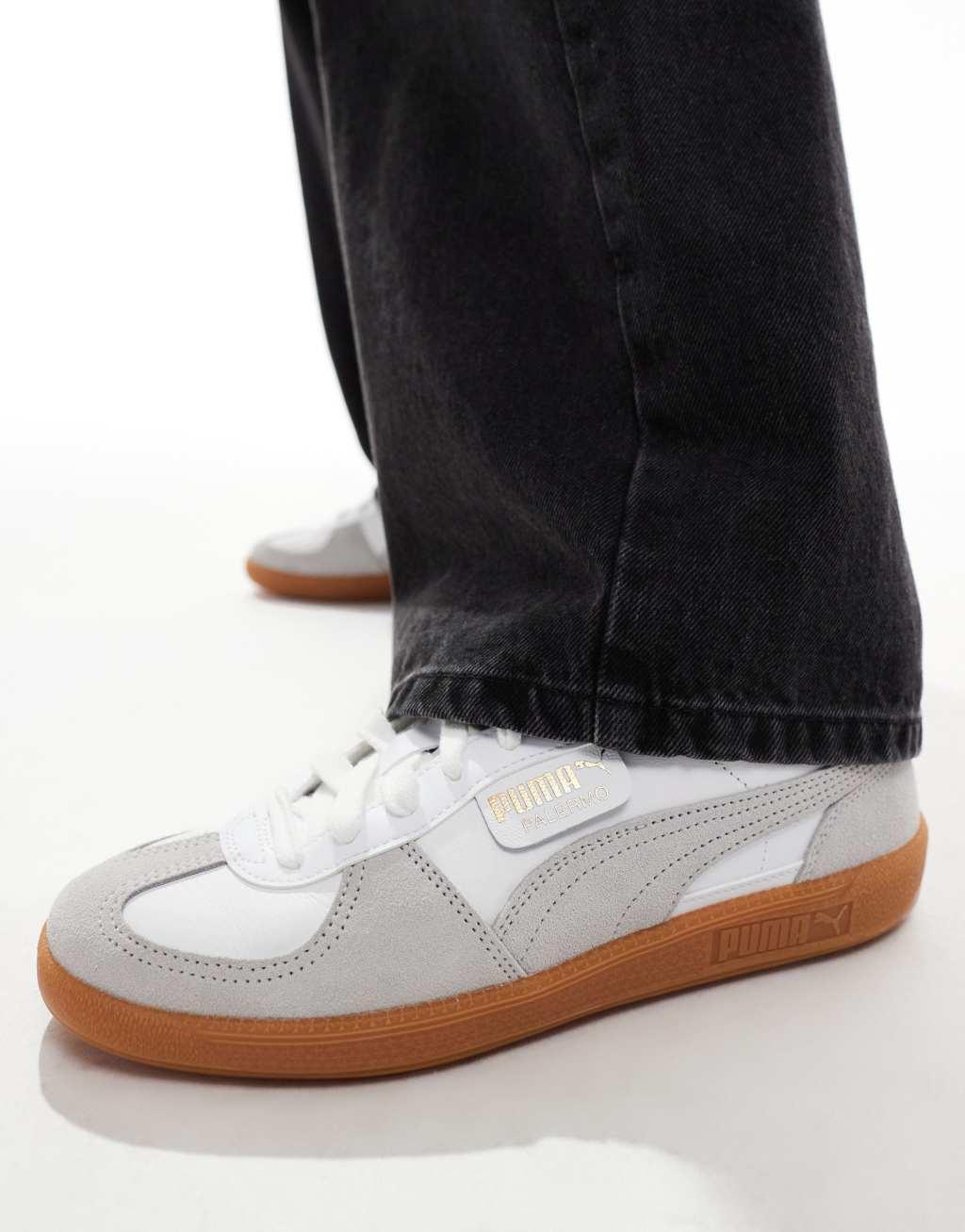 PUMA Palermo Leather sneakers with gum sole in white and gray Product Image