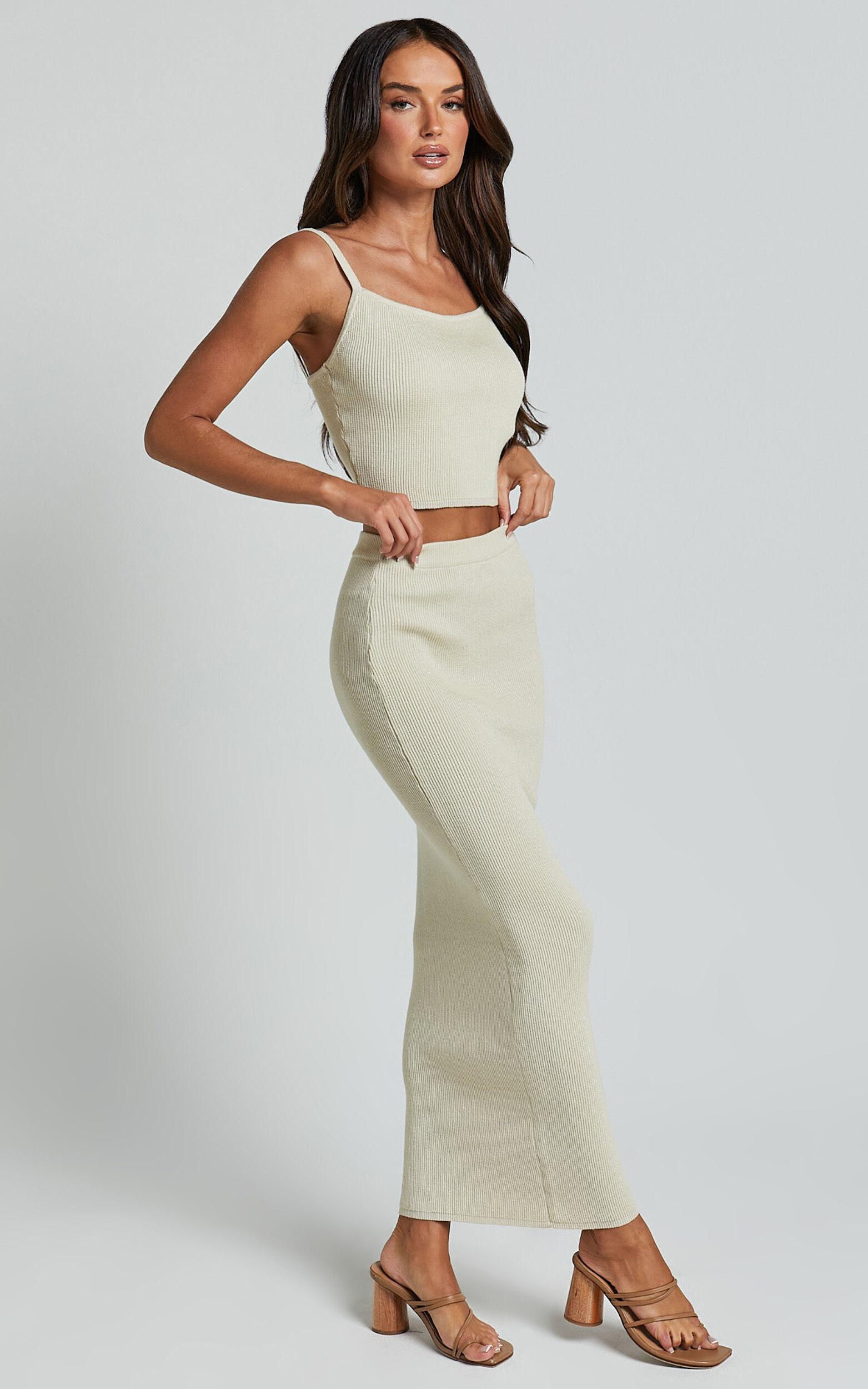 Emilea Knitted Two Piece Set - Knitted Strappy Crop Top and Midi Skirt Set in Stone Product Image