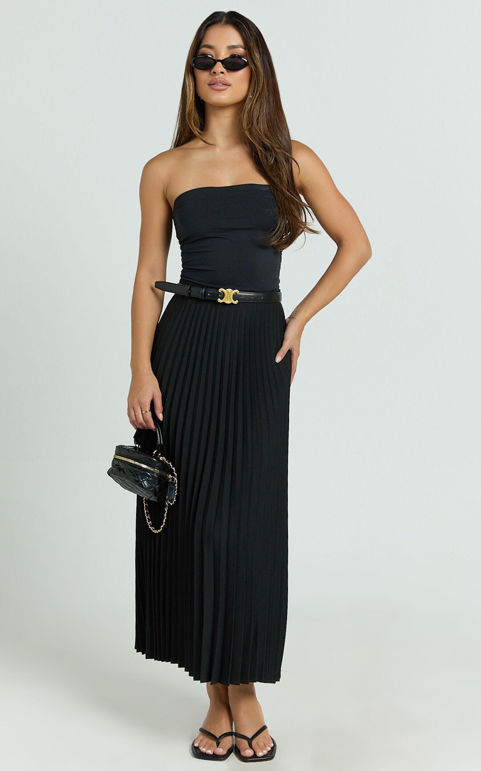 Harlee Midi Skirt - Pleated High Waist A Line Skirt in Black Product Image