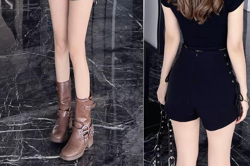 High Waist Plain Lace-Up Hot Pants Product Image