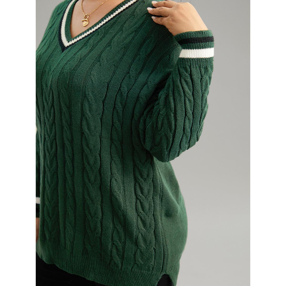 Plus Size Cable Knit Contrast Trim Drop Shoulder Pullover DarkGreen Women Casual Loose Long Sleeve V-neck Dailywear Pullovers BloomChic 18-20/2X Product Image