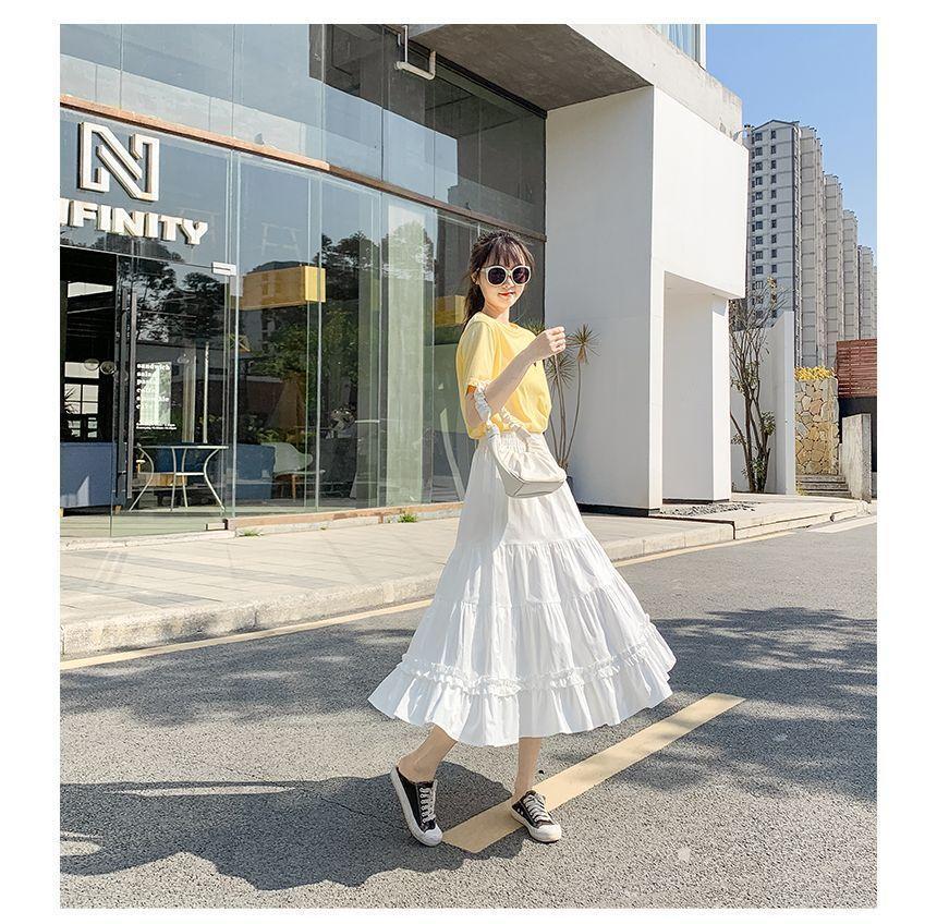 High Waist Plain Ruffle Midi A-Line Skirt Product Image
