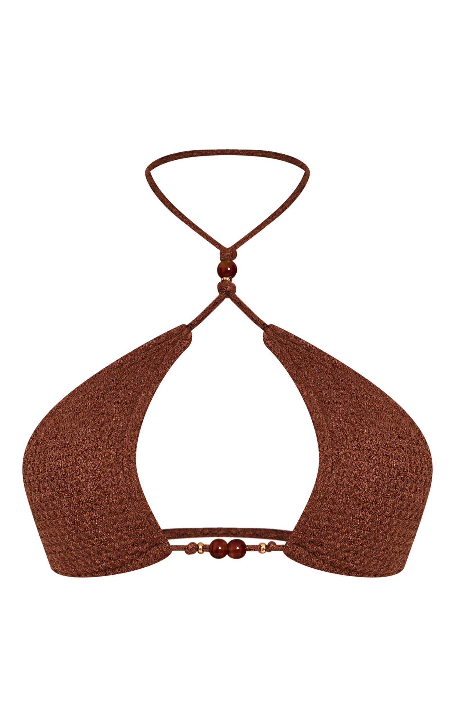  Mocha Crochet Bead Trim Halter Neck Bikini Top Product Image