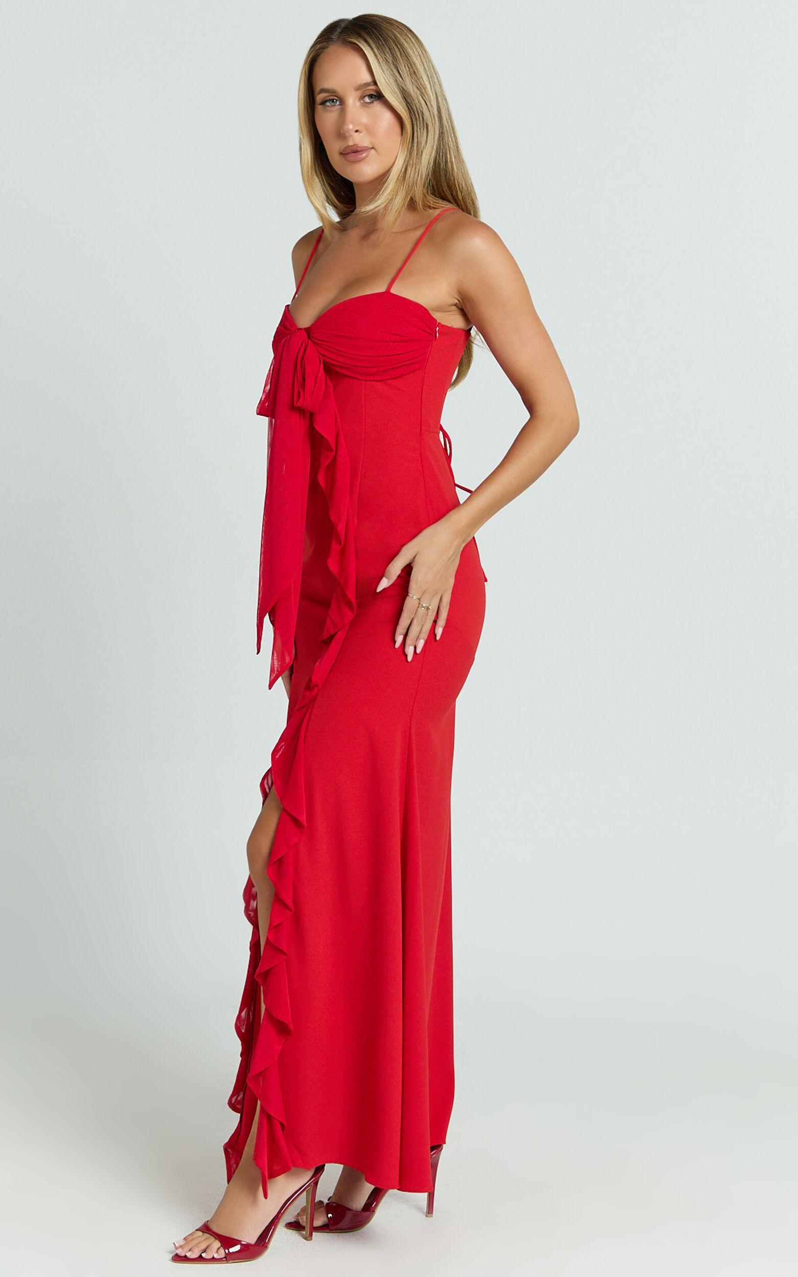 Lacie Maxi Dress - V Neck Bias Cut Ruffle Tie Front Dress in Red Product Image