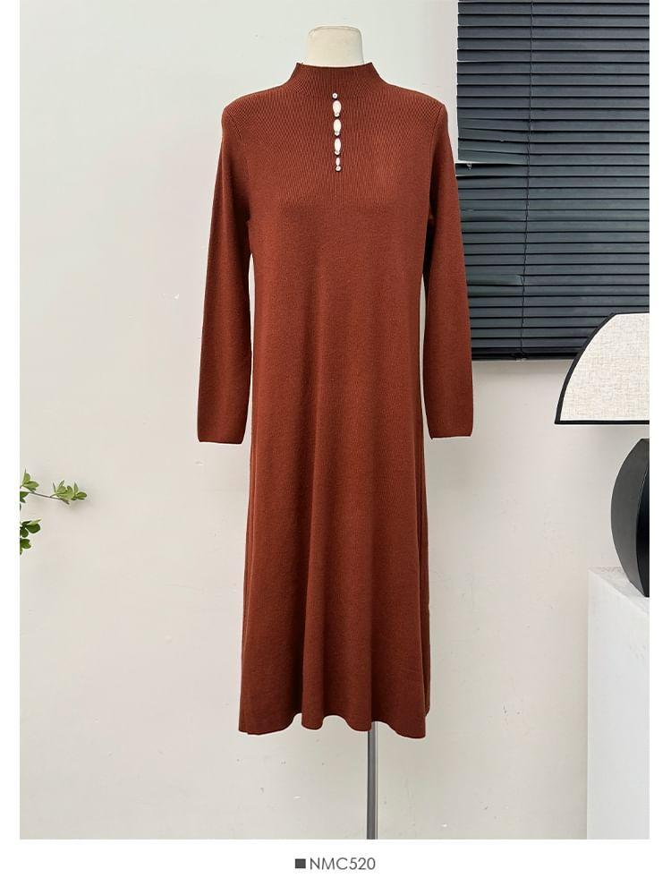 Window-Front Mock-Neck Knit Midi Dress in 5 Colors Product Image