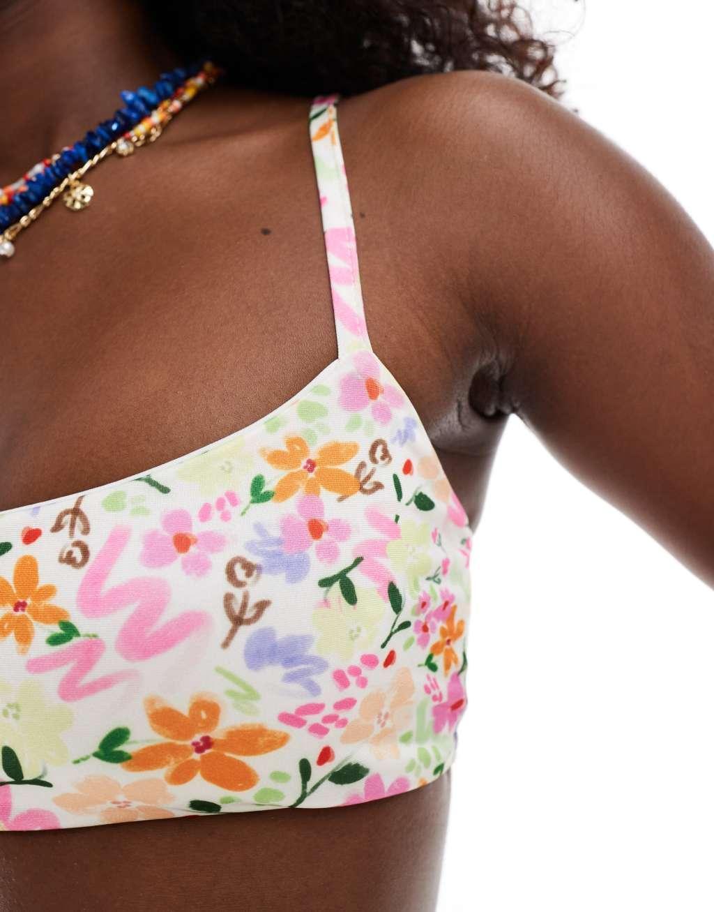 ASOS DESIGN skinny crop bikini top in scribble floral print Product Image