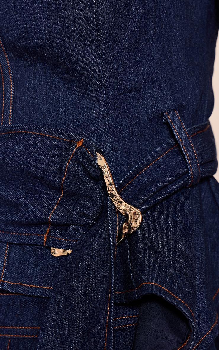 Indigo Blue Chambray Denim Belted Trim Detail Peplum Top Product Image