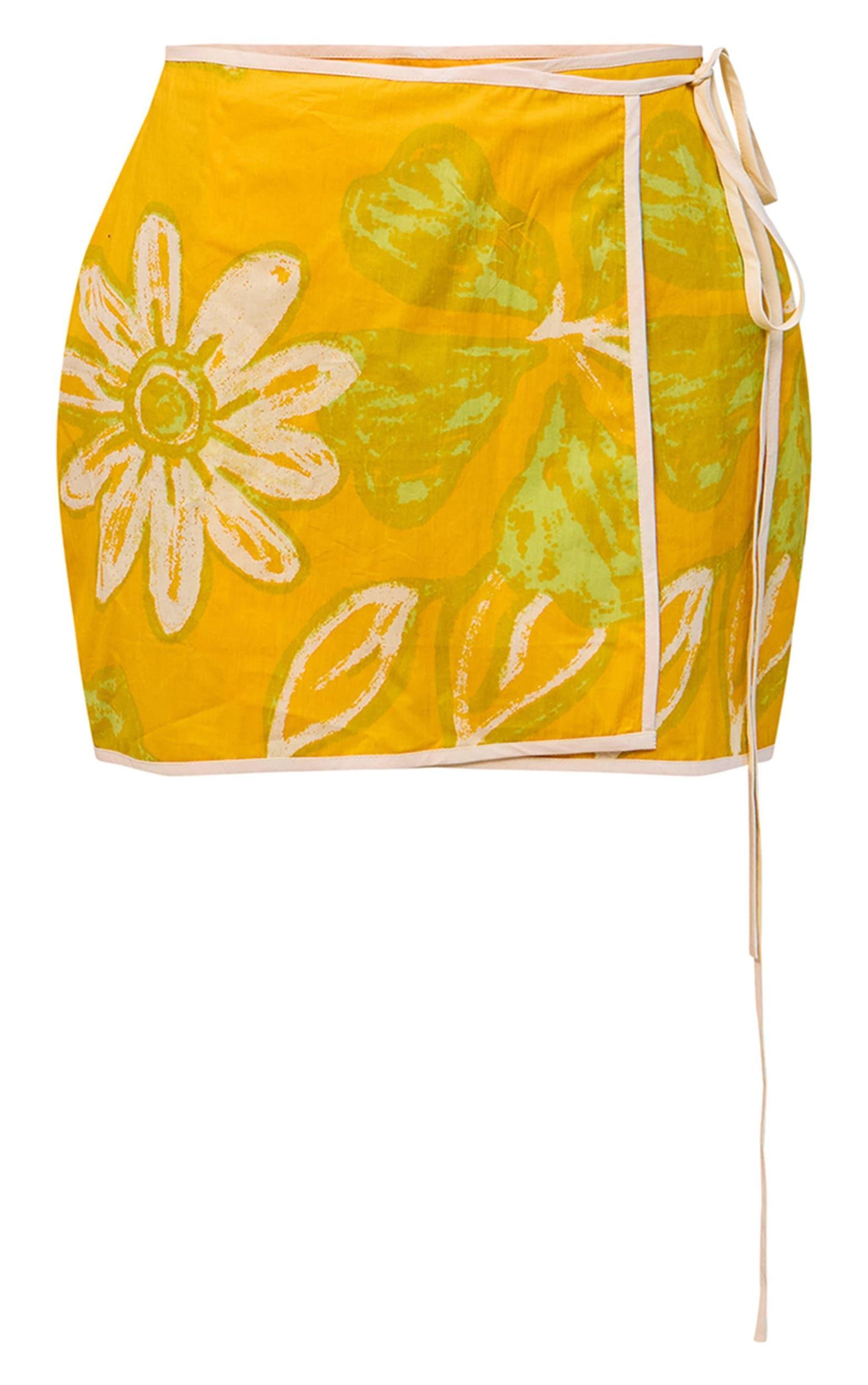 Yellow Printed Wrap Front Mini Skirt Product Image