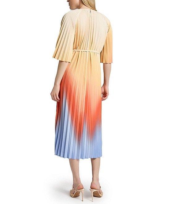 MISOOK Crepe De Chine Ombre Pleated Keyhole Neck Elbow Flutter Sleeve Dress Product Image