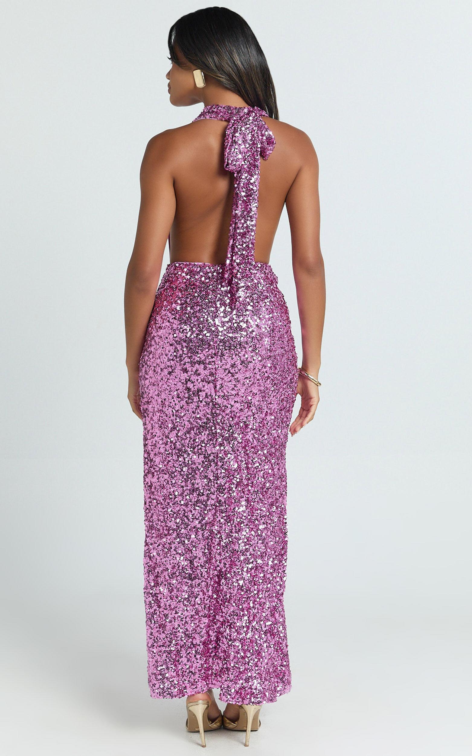 Julien Maxi Dress - Backless Cowl Plunge Neck High Split Sequin Dress in Pink Product Image