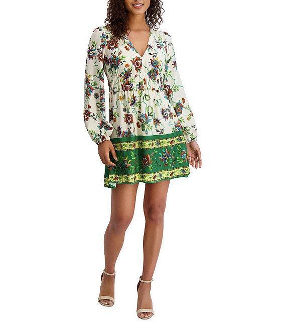 SIENA Floral Print V-Neck Long Sleeve Woven Shift Mini Dress Product Image