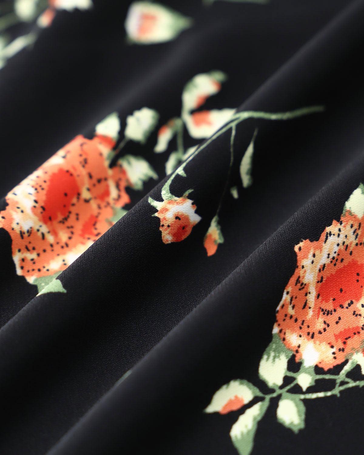 Black Floral Button A-Line Midi Dress Product Image