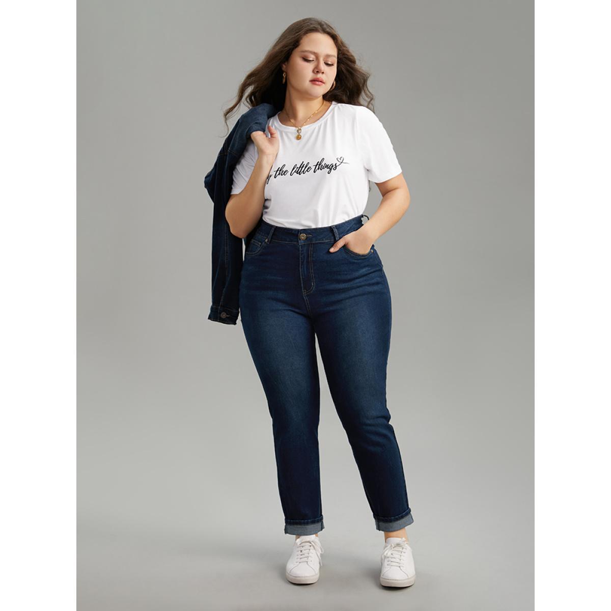 Plus Size Cutoff Roll Hem Full Length Jeans Women DarkBlue Casual Plain Plain High stretch Pocket Jeans BloomChic 16/1X Product Image