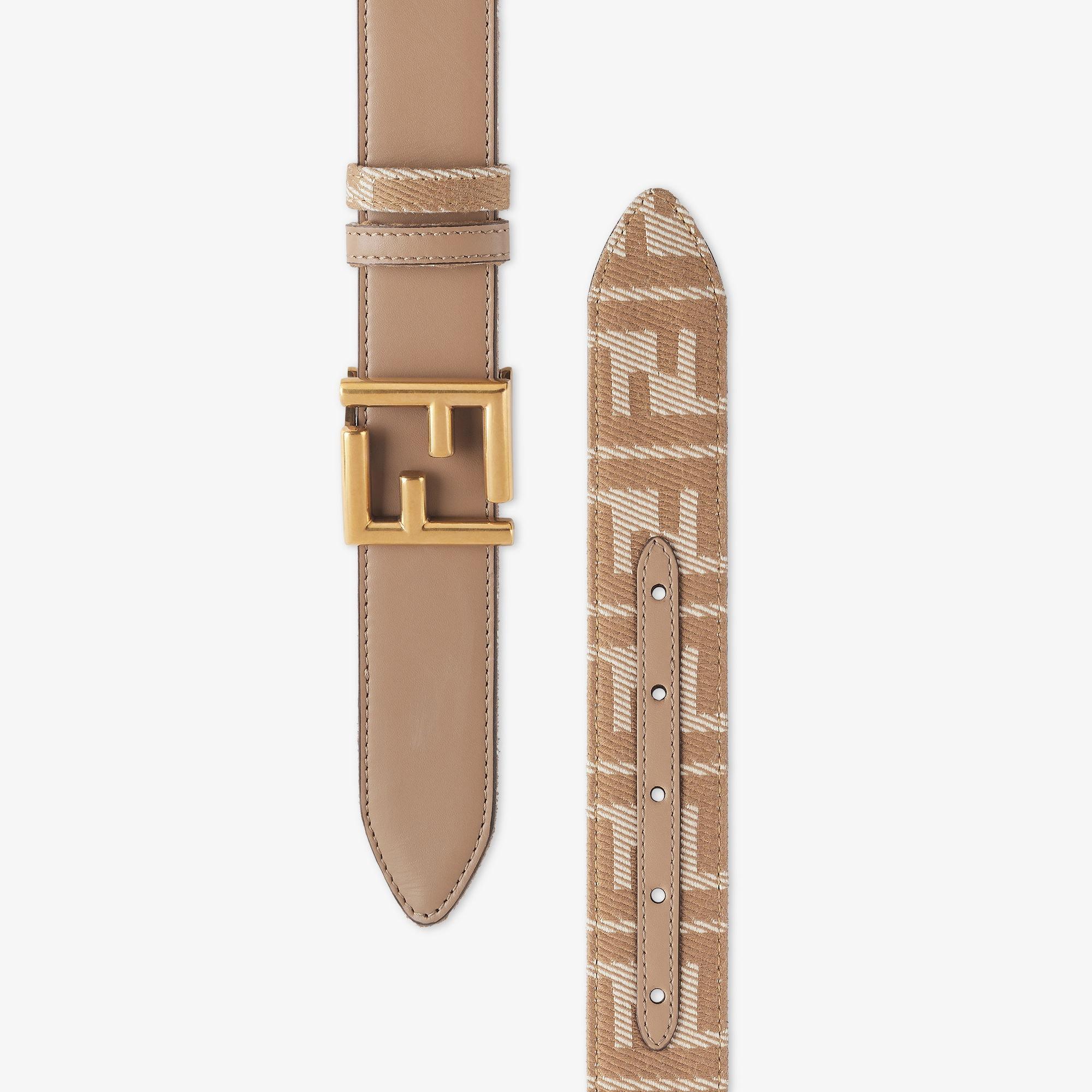 FF BeltBeige leather and denim-effect FF jacquard reversible belt Product Image