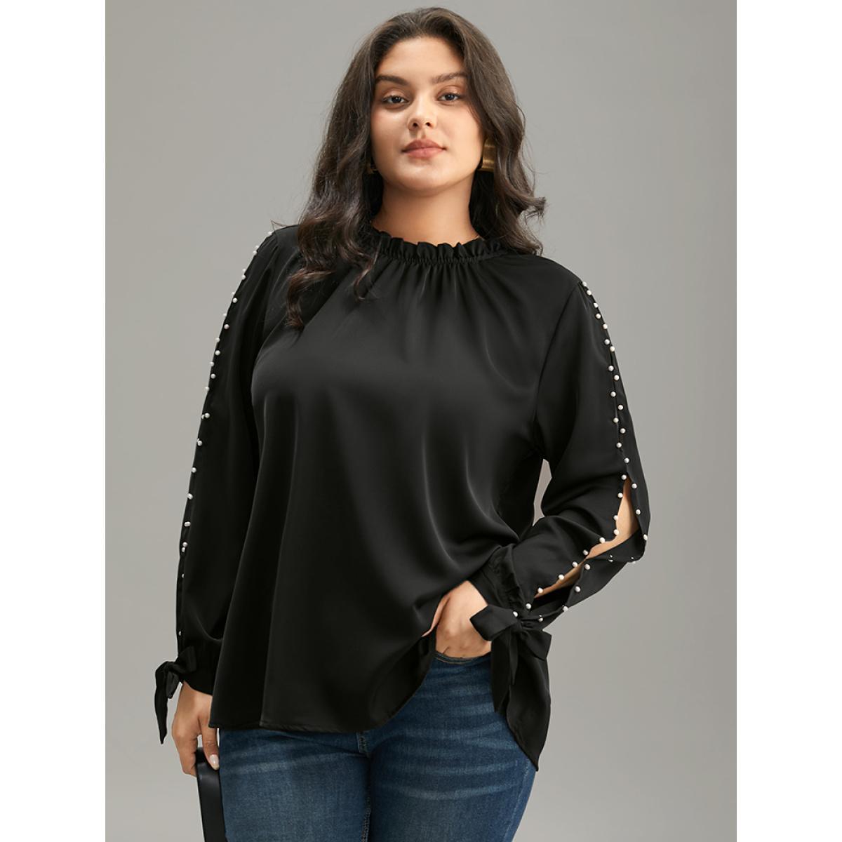 Plus Size Black Anti-Wrinkle Pearl Beaded Ties Cut Out Blouse Women Office Long Sleeve Halter neck Work Blouses BloomChic 22-24/3X Product Image