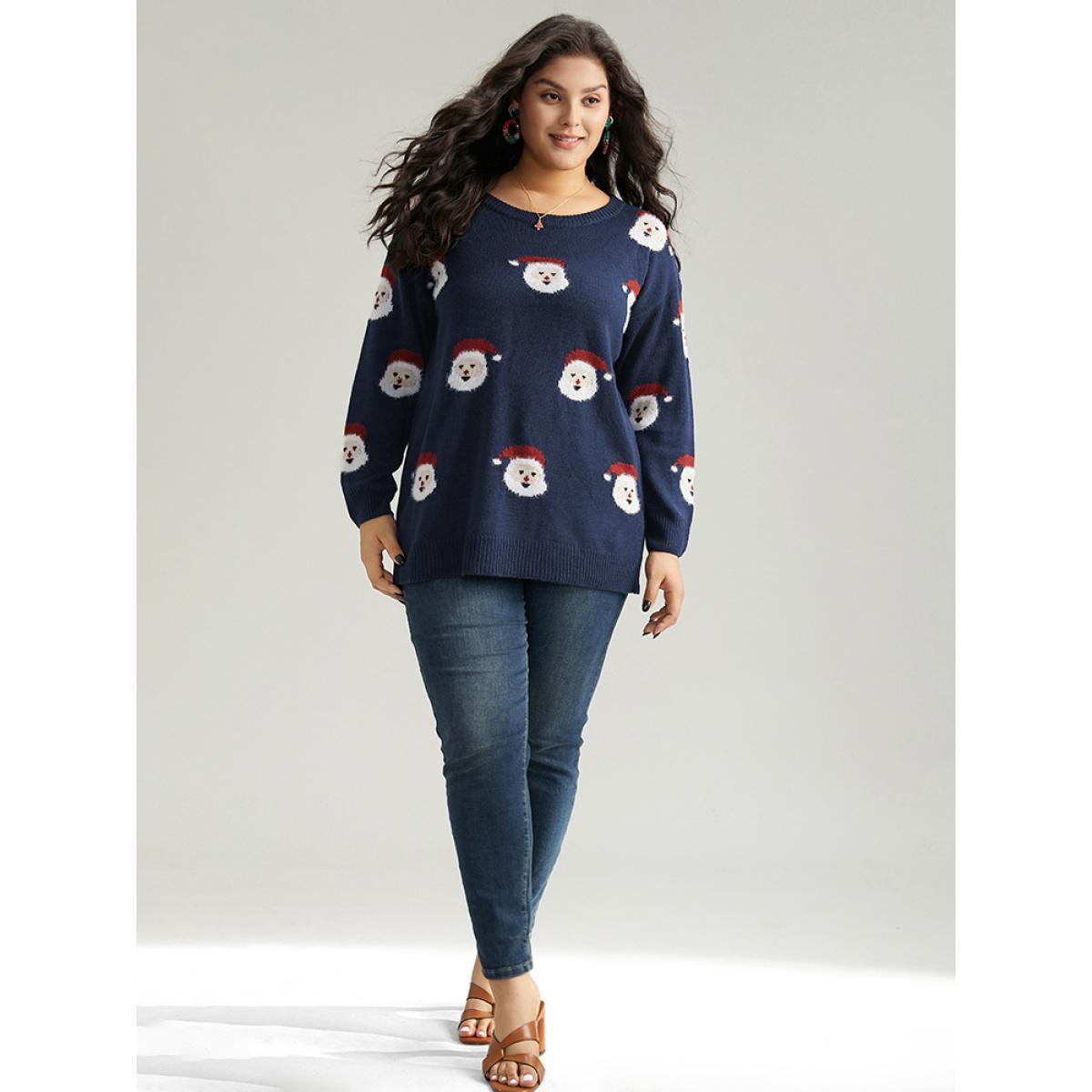 Plus Size Jolly Fellow Motifs Round Neck Pullover Midnight Women Casual Long Sleeve Round Neck Festival-Christmas Pullovers BloomChic 10/M Product Image