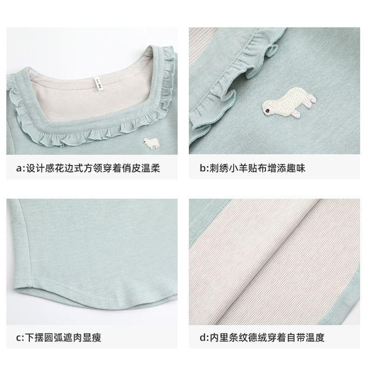Long-Sleeve Square-Neck Plain Ruffled T-Shirt Product Image