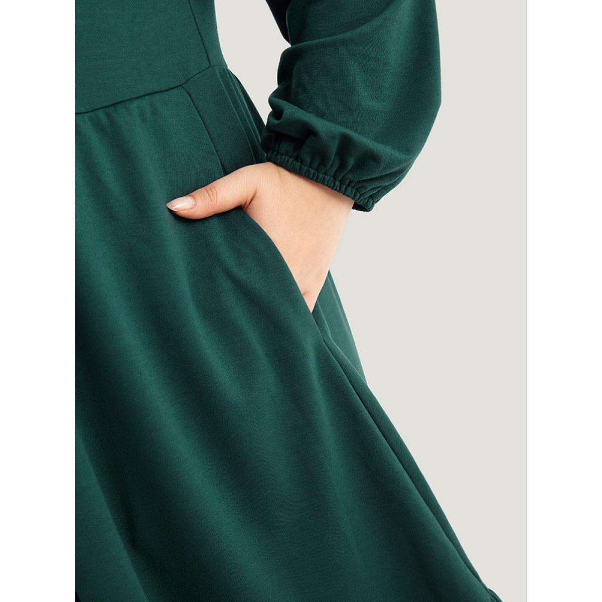 Plus Size Hooded Lantern Sleeve Flutter Hem Dress Scarlet Women Casual Elastic cuffs Hooded Long Sleeve Curvy Midi Dress BloomChic 28/5X Product Image