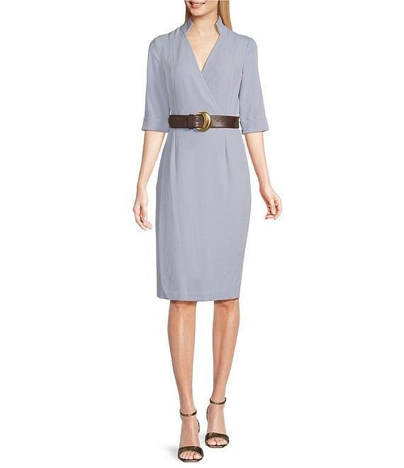 Donna Karan Cady Crepe V-Neck Short Sleeve Belted Sheath Dress Product Image
