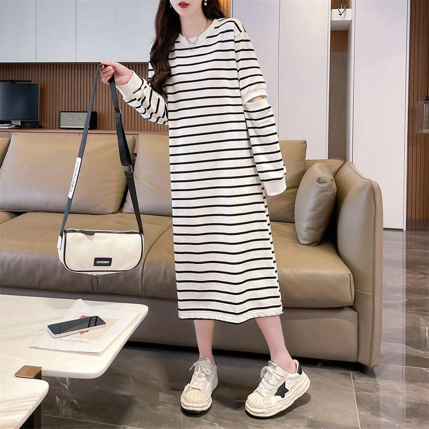 Long-Sleeve Round Neck Striped Cutout Midi Shift Knit Dress Product Image