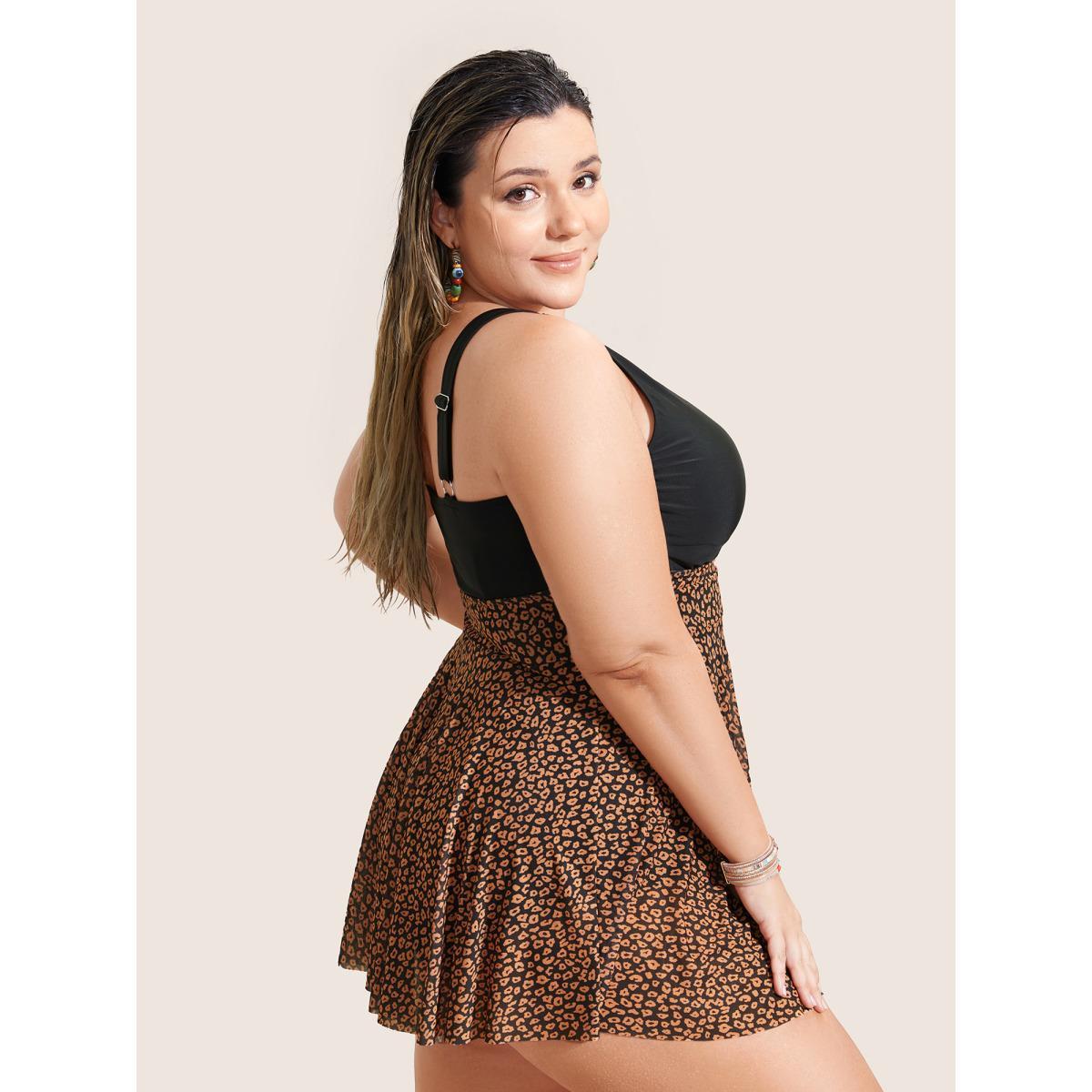 Plus Size V Neck Leopard Print Patchwork Swim Dress Women's Swimwear Black Beach Bodycon Overlap Collar High stretch Curve Swim Dresses BloomChic 30/6X Product Image