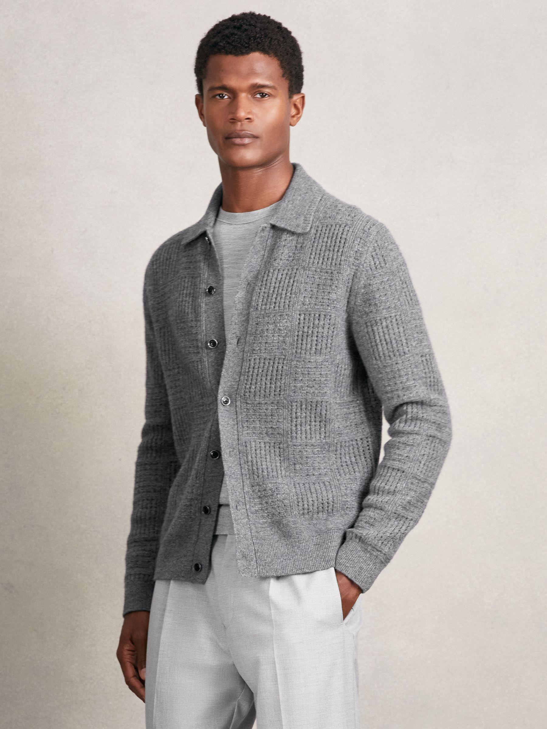Wool Button Through Pointelle Shirt in Mid Grey Product Image