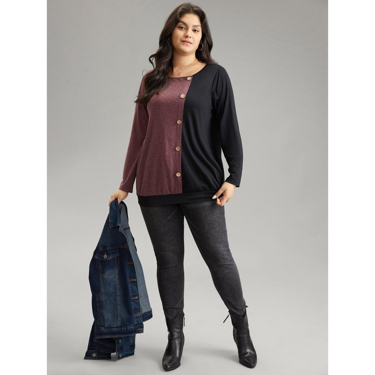 Plus Size Two Tone Round Neck Button Detail T-shirt Black Women Casual Contrast Plain Round Neck Dailywear T-shirts BloomChic 28/5X Product Image