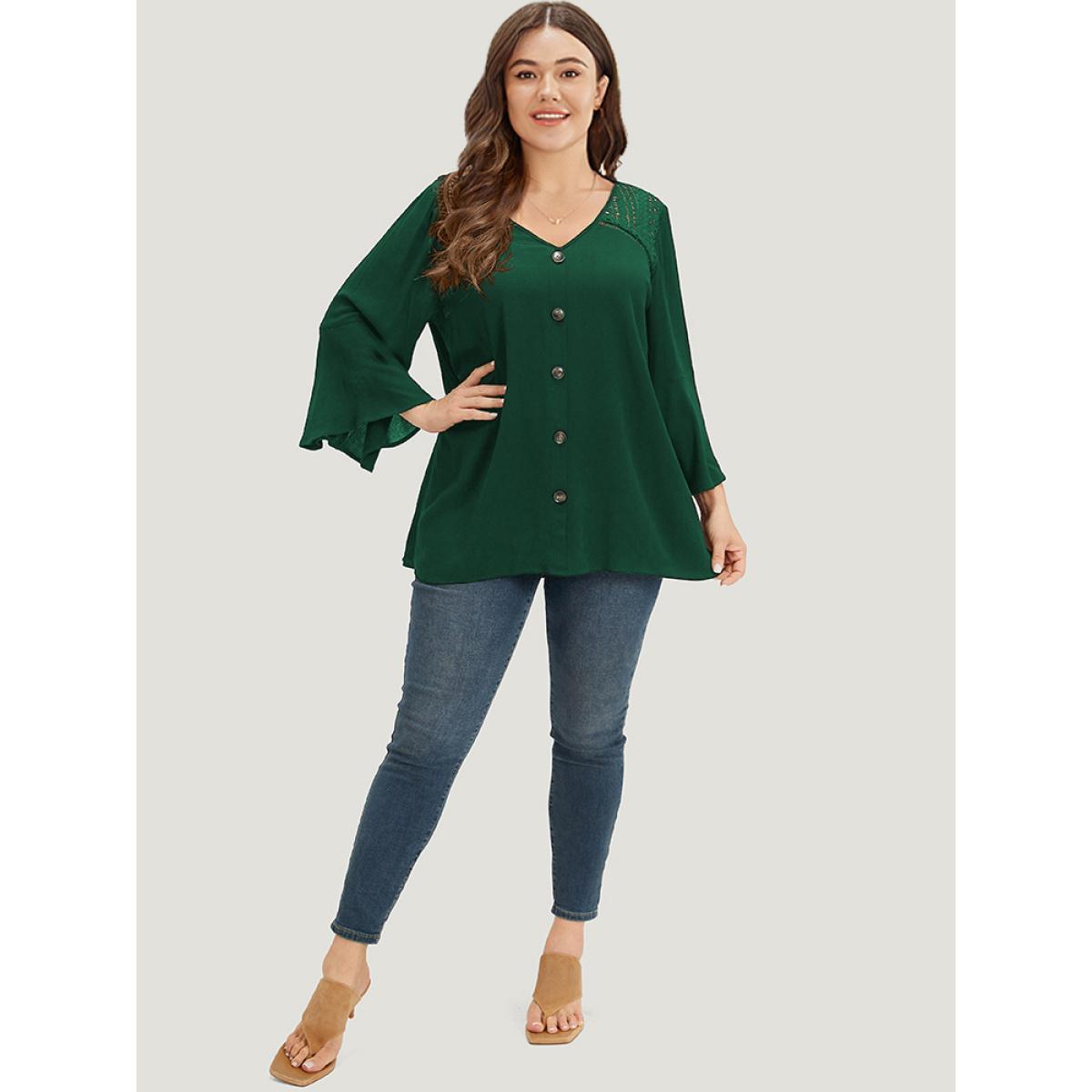 Plus Size Indigo Plain Crochet Lace Button Detail Bell Sleeve Blouse Women Elegant Elbow-length sleeve V-neck Dailywear Blouses BloomChic 10/M Product Image