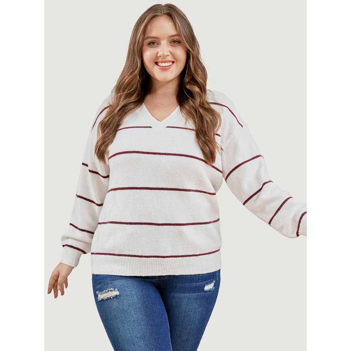 Plus Size Striped Contrast Super Soft Plush Knit V Neck Knit Top Ivory Women Casual Loose Long Sleeve V-neck Dailywear Pullovers BloomChic 26/4X Product Image