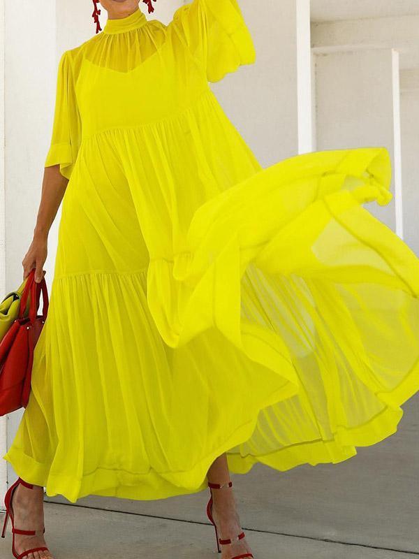 Loose Plus Size Solid Color Split-Joint Inner Dress + Mesh Pleated Mock Neck Outer Dress Two Pieces Set Product Image