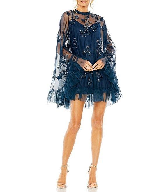 Mac Duggal Mock Neck Long Flared Sleeve Mesh A-Line Mini Dress Product Image