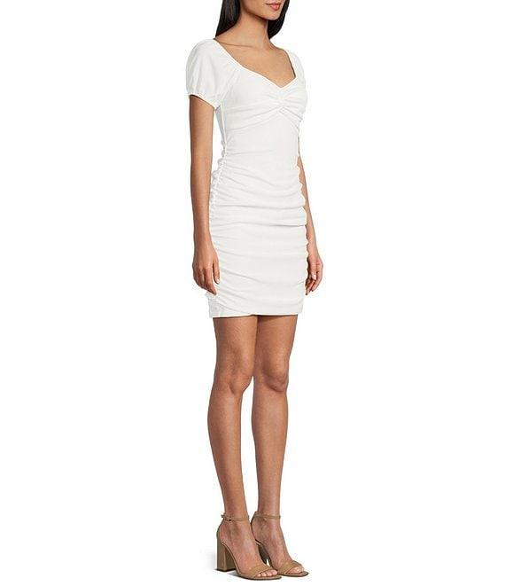 Next Up Sweetheart Neck Short Puff Sleeve Twist Front Bodice Shirred Bodycon Dress Product Image