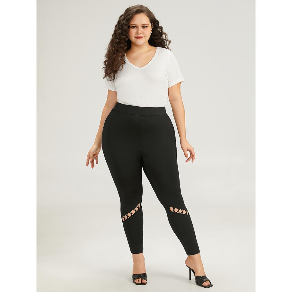 Plus Size Halloween Plain Cut Out Elastic Waist Leggings Women Black Elegant High stretch Skinny High Rise Festival-Halloween Leggings BloomChic 18-20/2X Product Image