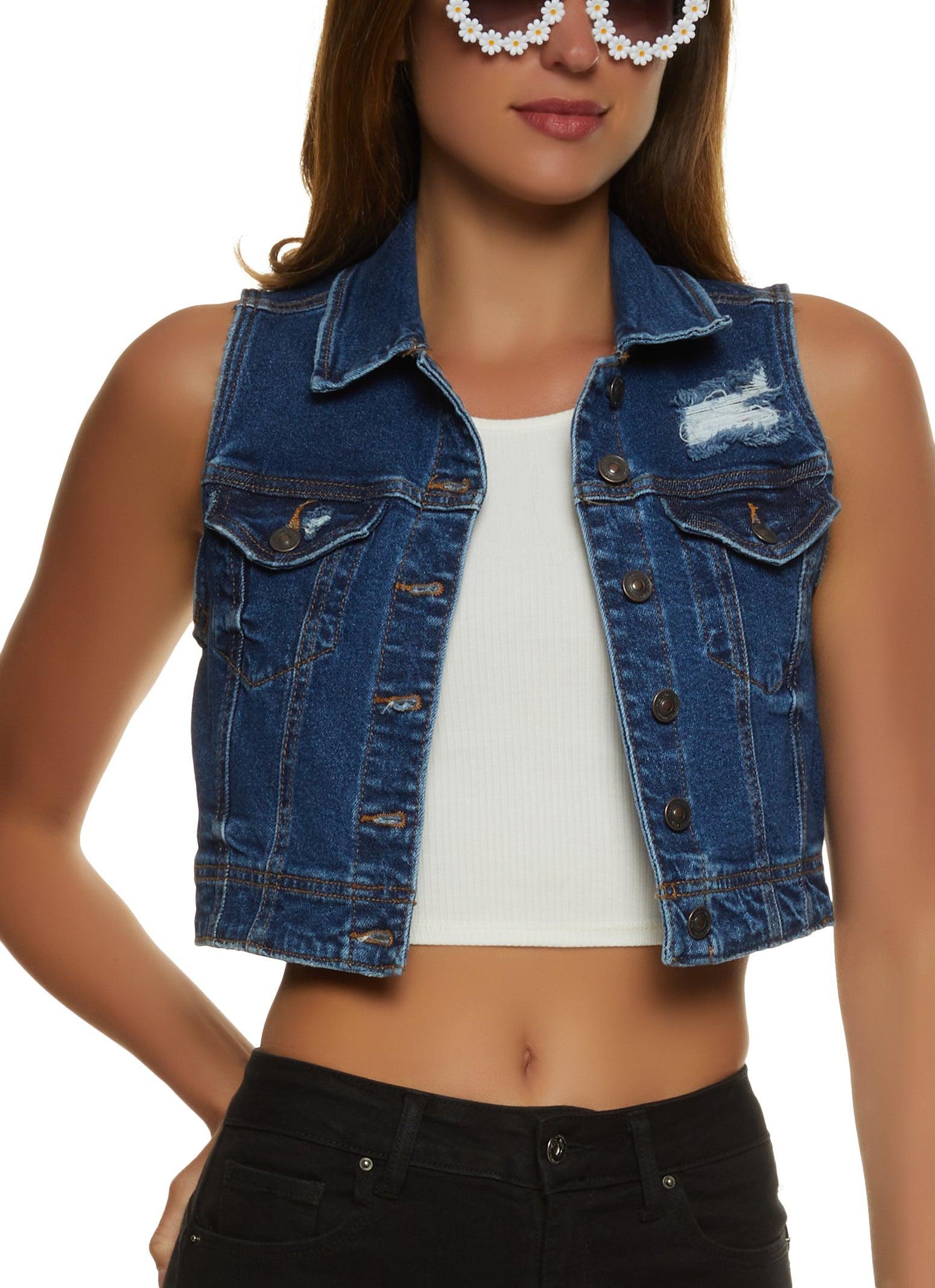 Womens WAX Distressed Denim Cropped Vest Product Image