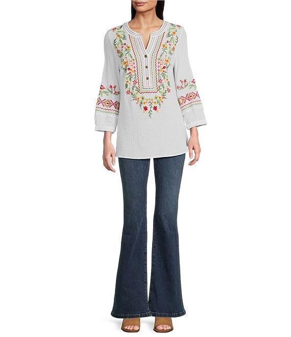 Calessa Embroidered Patchwork Split V-Neck 3/4 Sleeve Tunic Product Image