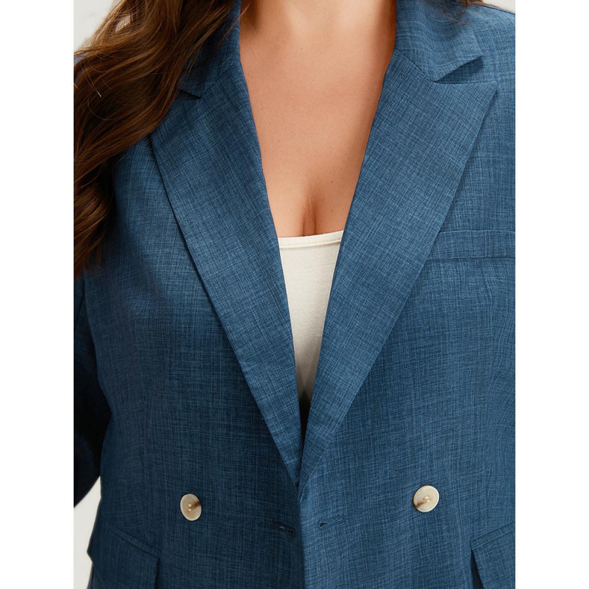 Plus Size Solid Double Breasted Suit Collar Flap Pocket Blazer Indigo Women Work Plain Texture Sleeve Long Sleeve Suit Collar 12/L Pocket At the Office Blazers BloomChic Product Image