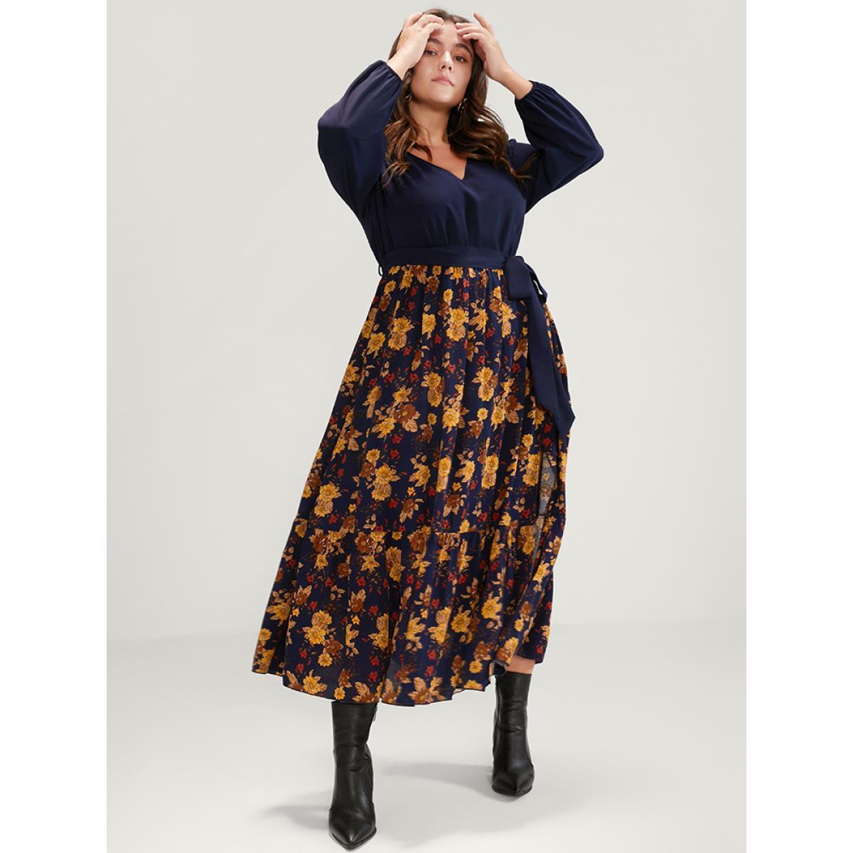 Plus Size Floral Split Lantern Sleeve Pocket Flutter Belted Dress Navy Women Elegant Printed V-neck Long Sleeve Curvy Midi Dress BloomChic 30/6X Product Image