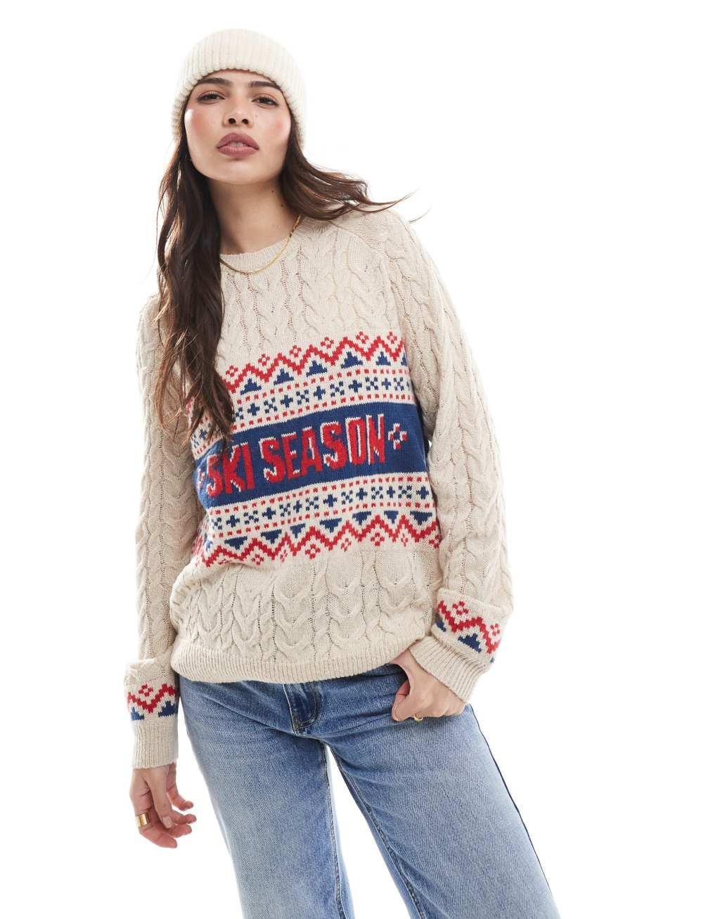 Threadbare Ski design cable knit sweater in ecru Product Image