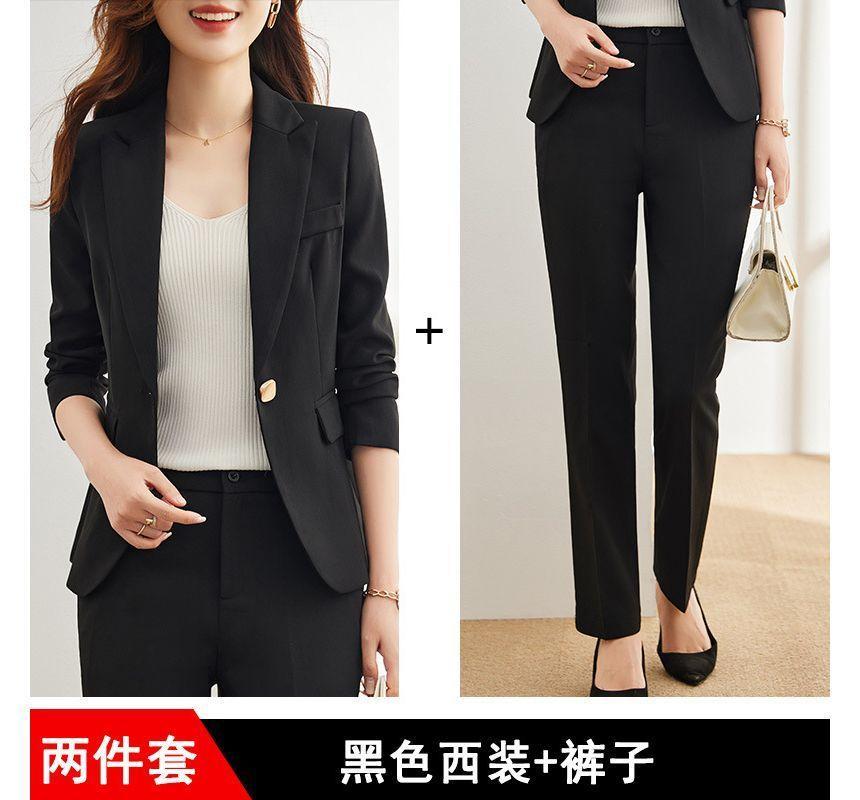 Plain One Buttoned Blazer / High Rise Straight Leg Suit Pants / Set Product Image