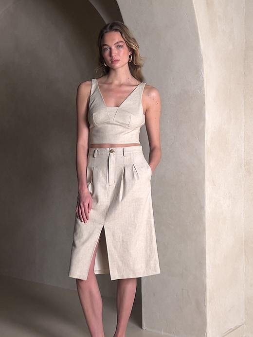 Linen-Blend Herringbone Midi Skirt Product Image