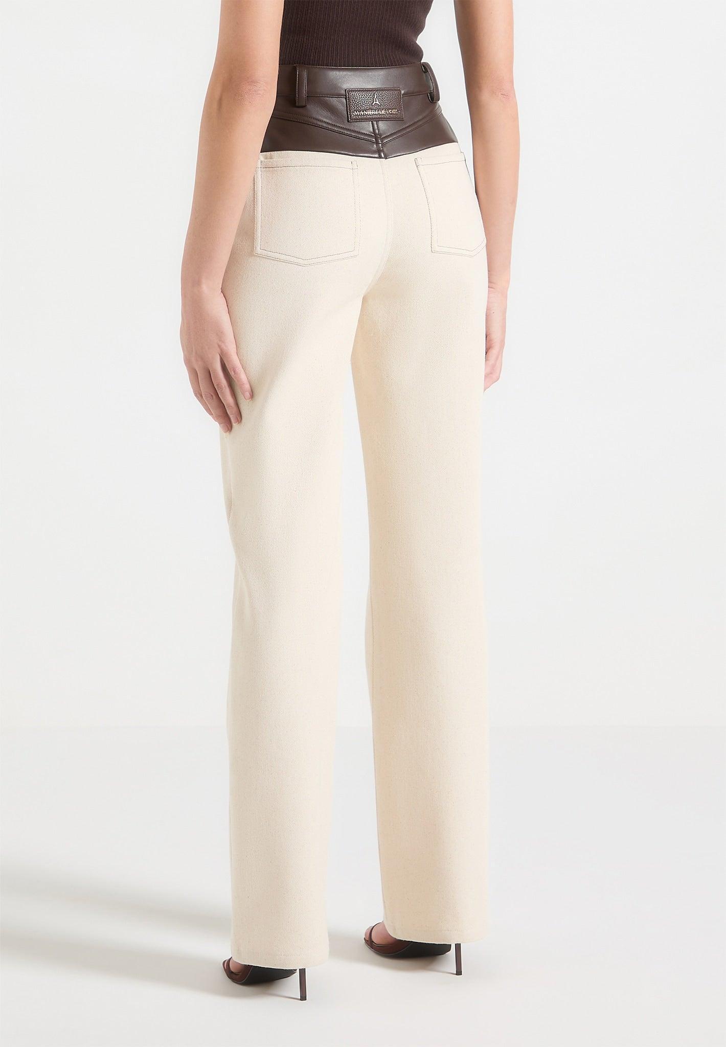 Renee - Leather & Denim Boyfriend Jeans - Cream/Brown Female Product Image