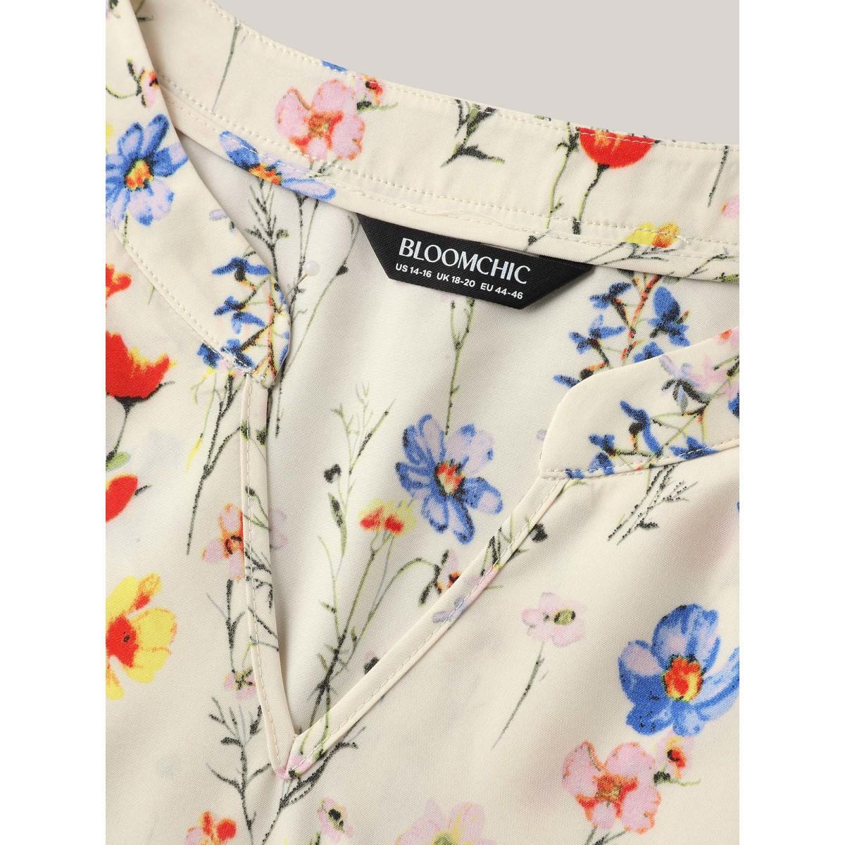 Plus Size Beige Branch Floral Print Notched Collar Blouse Women Short sleeve Notched collar Everyday-Elegant Blouses BloomChic 18-20/2X Product Image