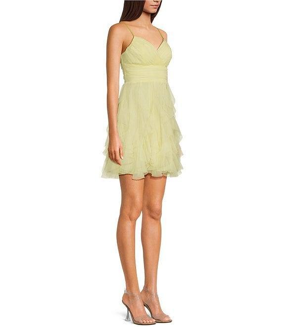 Pear Culture V-Neck Lace-Up Back Mesh Ruffle Dress Product Image