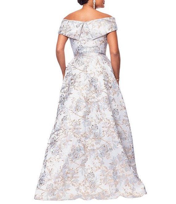 Xscape Brocade Floral Print Sweetheart Neck Short Sleeve A-Line Gown Product Image
