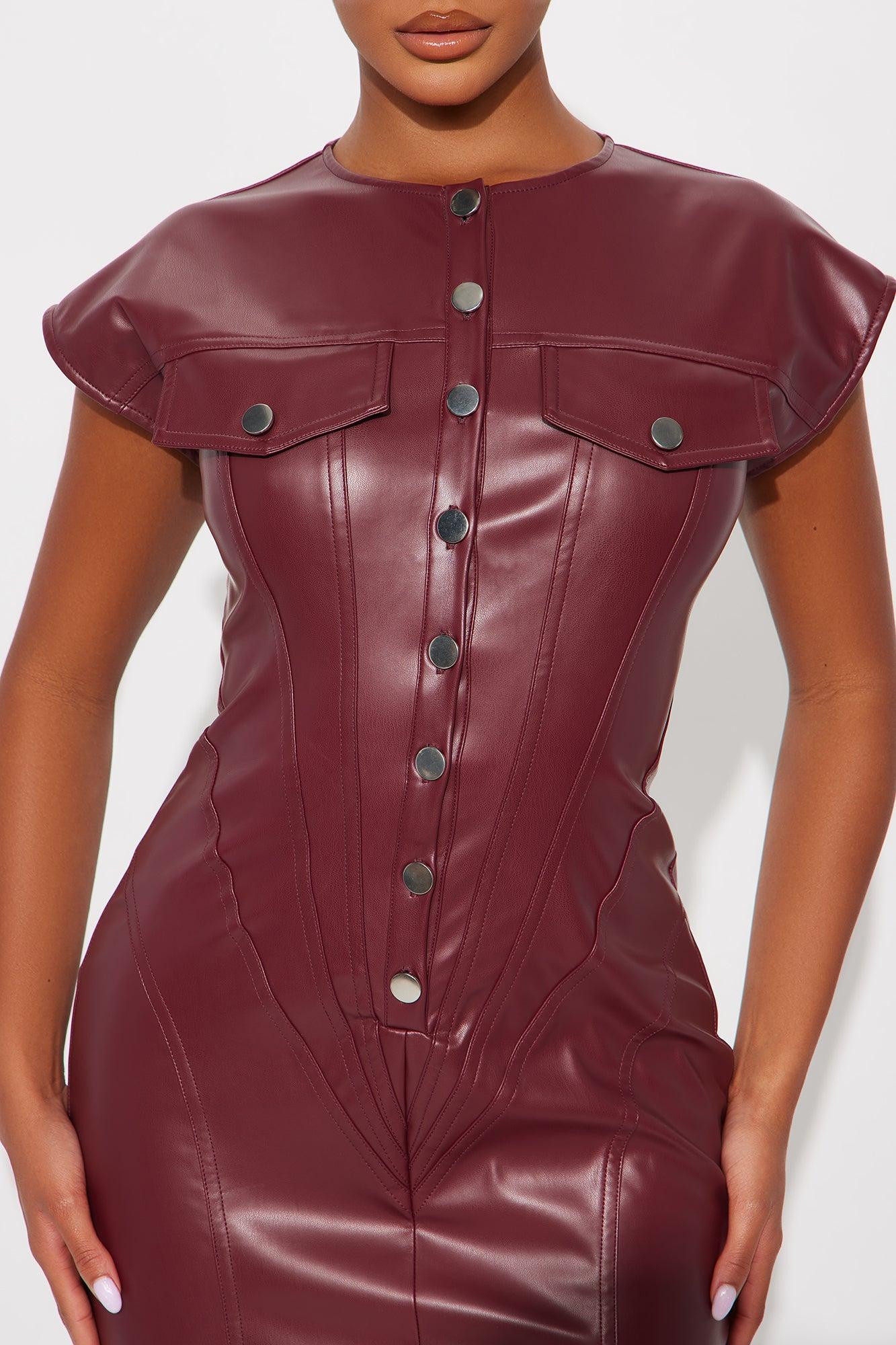 Brinley Button Up Faux Leather Mini Dress - Wine Female Product Image