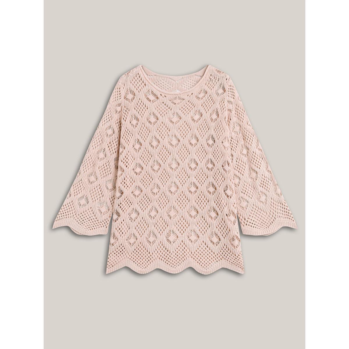 Plus Size Cut Out Textured Feel Pullover MistyRose Women Casual Loose Long Sleeve Round Neck Everyday Pullovers BloomChic 28/5X Product Image